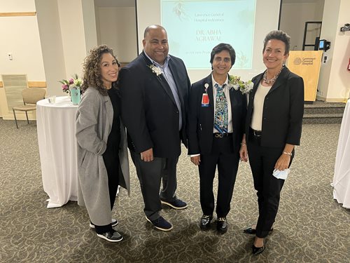 Dr. Abha Agrawal (second from right) is joined by Board of Trustees member Shalimar Quiles (left), Vice Chair Dan Rivera and Board Chair Rosemarie Day at her welcome reception. (PHOTO: Lawrence General Hospital) IMG_4594.JPG