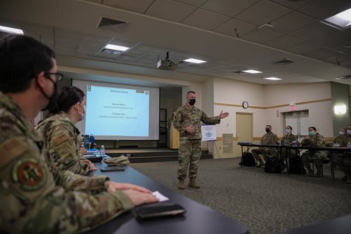 Massachusetts Army National Guard Col. Mark E. Kalin addresses the 19 clinical airmen, along with Lawrence General Hospital personnel, during their first day at the hospital. (U.S. Army photo by Spc. Daniel Thompson) Massachusetts Army National Guard Col. Mark E. Kalin addresses the 19 clinical airmen, along with Lawrence General Hospital personnel, during their first day at the hospital. (U.S. Army photo by Spc. Daniel Thompson)